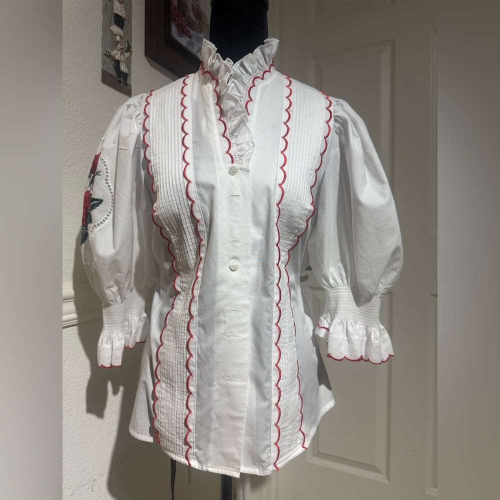 White Button up Blouse with Red Roses Embroidery on Bouffant Sleeves